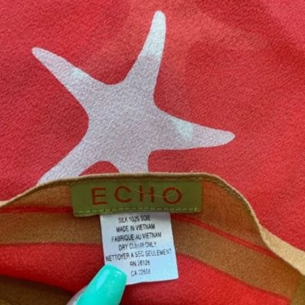 Echo 100% Silk Red and White‎ Starfish Square Scarf